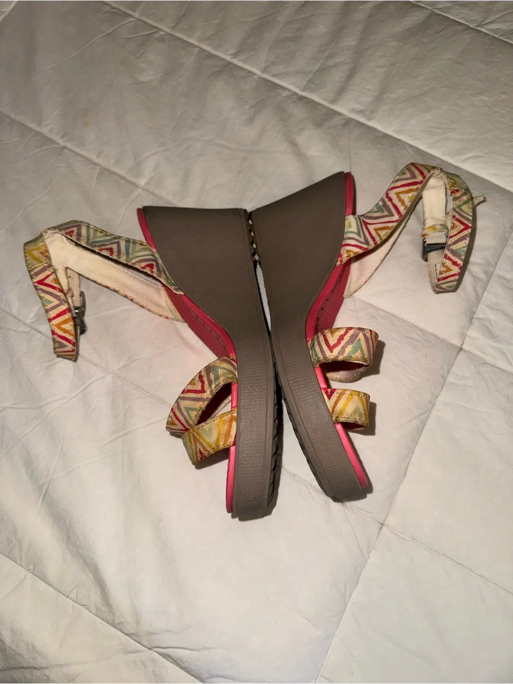 CROCS Brown Wedge Sandals with Multicolor Chevron Straps
